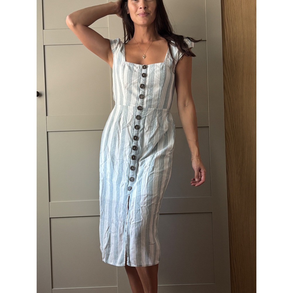 Light Blue White Striped Womens Button Down Cottage Dress Open Back Nautical